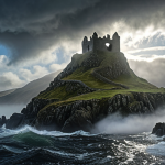 **Manannán mac Lir emerging from the mist-shrouded Isle of Man, Celtic knotwork patterns visible in the swirling clouds, dramatic lighting.**