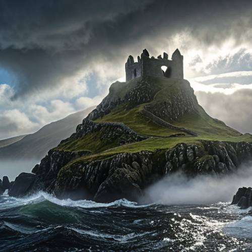 **Manannán mac Lir emerging from the mist-shrouded Isle of Man, Celtic knotwork patterns visible in the swirling clouds, dramatic lighting.**