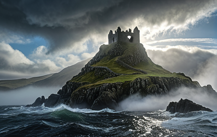 **Manannán mac Lir emerging from the mist-shrouded Isle of Man, Celtic knotwork patterns visible in the swirling clouds, dramatic lighting.**